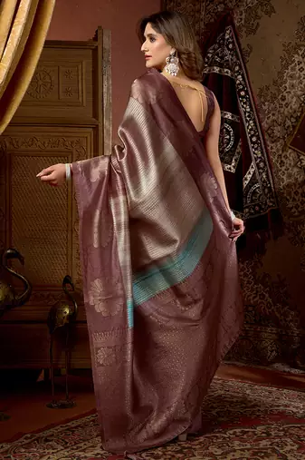 Mauve & teal dual-tone soft banarasi silk blend zari woven saree with blouse piece