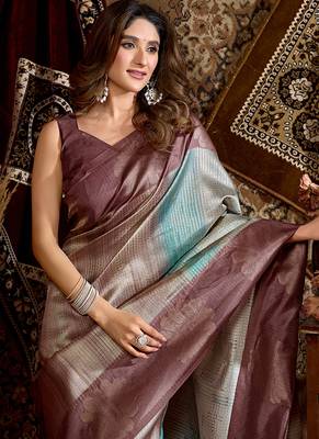 Mauve & teal dual-tone soft banarasi silk blend zari woven saree with blouse piece 4