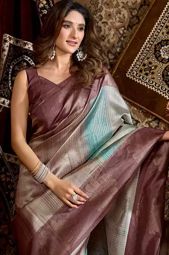 Mauve & teal dual-tone soft banarasi silk blend zari woven saree with blouse piece