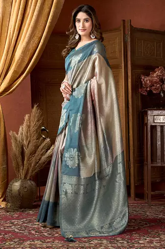 Teal & grey dual-tone soft banarasi silk blend zari woven saree with blouse piece
