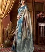 Teal & grey dual-tone soft banarasi silk blend zari woven saree with blouse piece