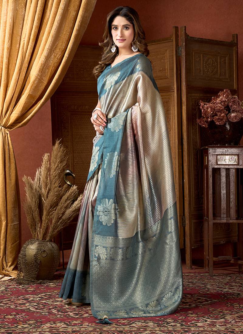 Teal & grey dual-tone soft banarasi silk blend zari woven saree with blouse piece