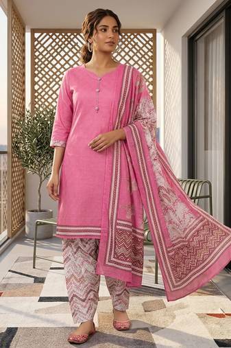 Pink printed cotton blend stitched geometric print salwar kurta dupatta for women