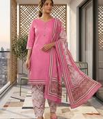 Pink printed cotton blend stitched geometric print salwar kurta dupatta for women