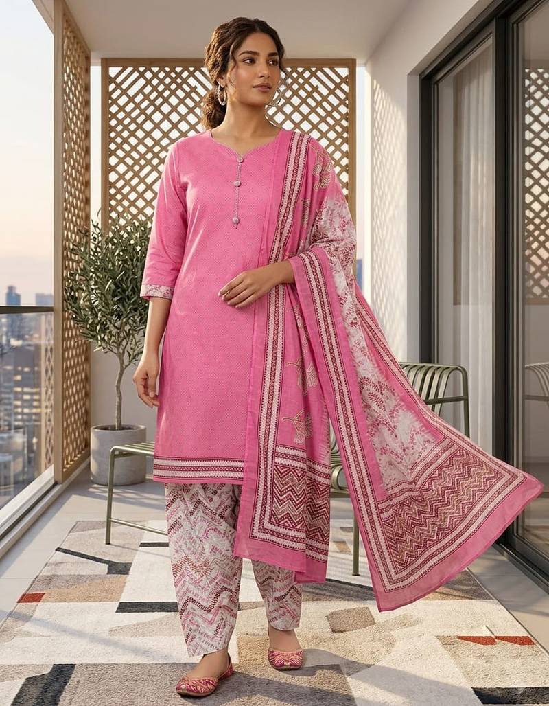 Pink printed cotton blend stitched geometric print salwar kurta dupatta for women