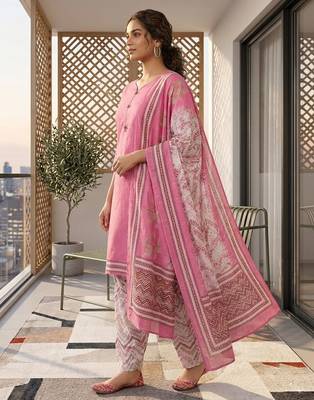 Pink printed cotton blend stitched geometric print salwar kurta dupatta for women 2