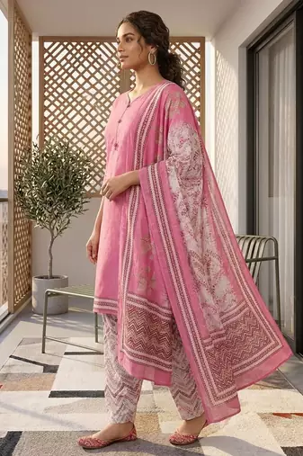 Pink printed cotton blend stitched geometric print salwar kurta dupatta for women