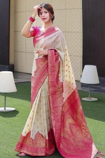 white art silk saree with woven kanjeevaram design