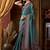 Teal faux crepe silk printed saree with blouse piece