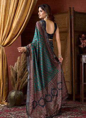 Teal faux crepe silk printed saree with blouse piece 3