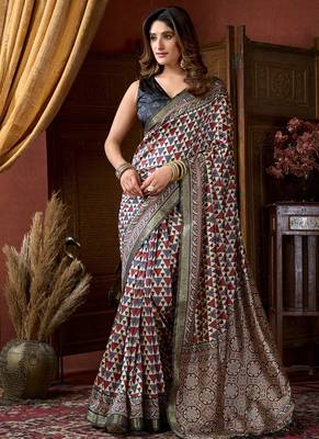Multicolor faux crepe silk printed saree with blouse piece 1