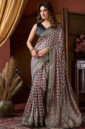 Multicolor faux crepe silk printed saree with blouse piece