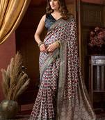 Multicolor faux crepe silk printed saree with blouse piece