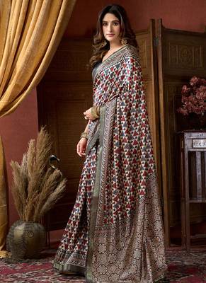Multicolor faux crepe silk printed saree with blouse piece 2