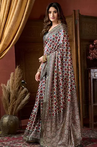 Multicolor faux crepe silk printed saree with blouse piece
