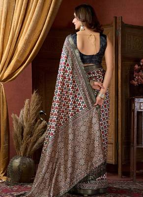 Multicolor faux crepe silk printed saree with blouse piece 3