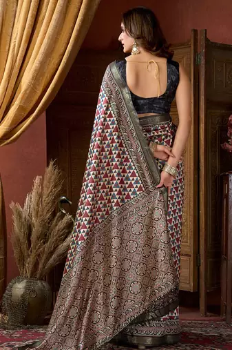 Multicolor faux crepe silk printed saree with blouse piece