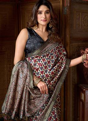 Multicolor faux crepe silk printed saree with blouse piece 4