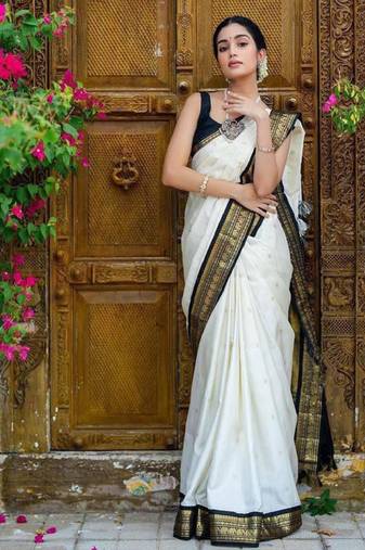 white art silk saree with woven zari design