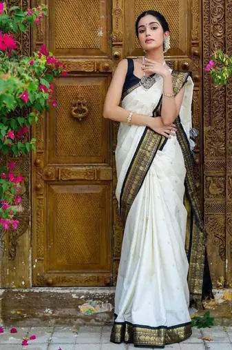 white art silk saree with woven zari design