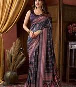 Black faux crepe silk printed saree with blouse piece