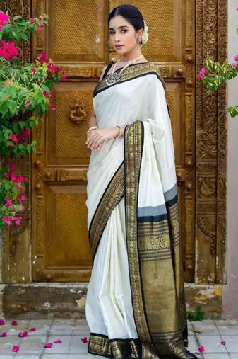 white art silk saree with woven zari design