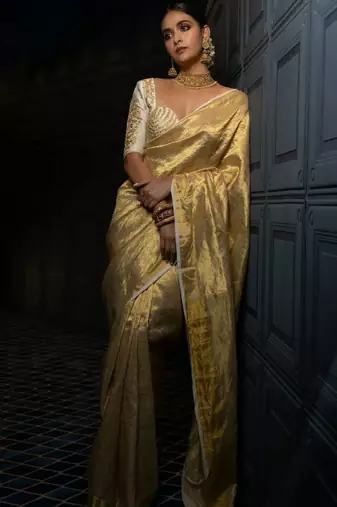 beige tissue saree with woven zari kanjeevaram design