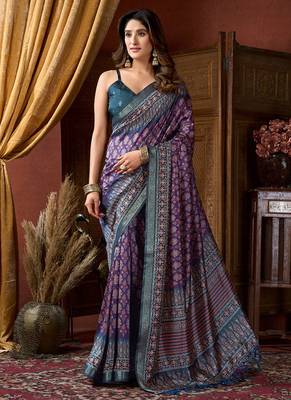 Purple faux crepe silk printed saree with blouse piece 1