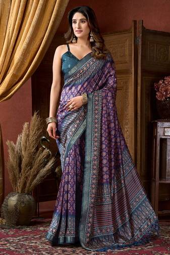 Purple faux crepe silk printed saree with blouse piece