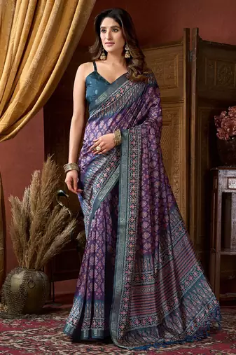 Purple faux crepe silk printed saree with blouse piece