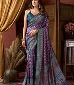 Purple faux crepe silk printed saree with blouse piece