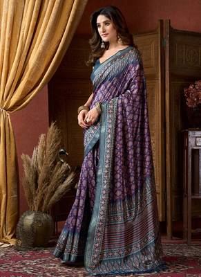Purple faux crepe silk printed saree with blouse piece 2