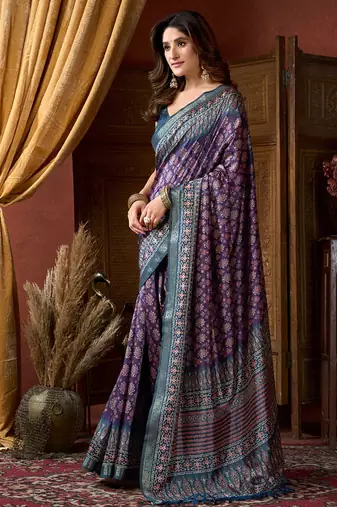 Purple faux crepe silk printed saree with blouse piece
