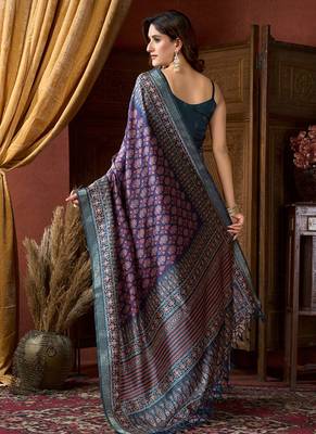Purple faux crepe silk printed saree with blouse piece 3