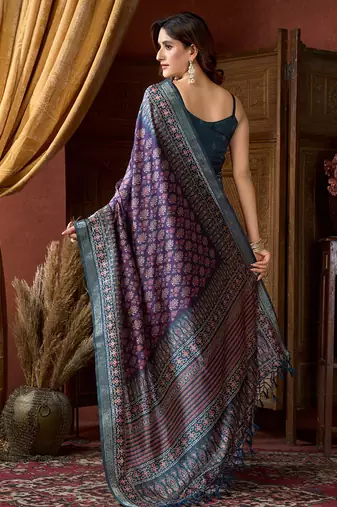 Purple faux crepe silk printed saree with blouse piece