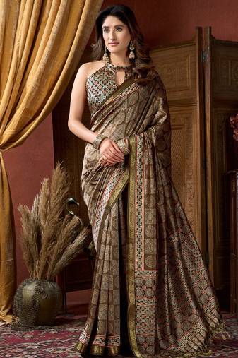Brown faux crepe silk printed saree with blouse piece
