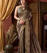 Brown faux crepe silk printed saree with blouse piece
