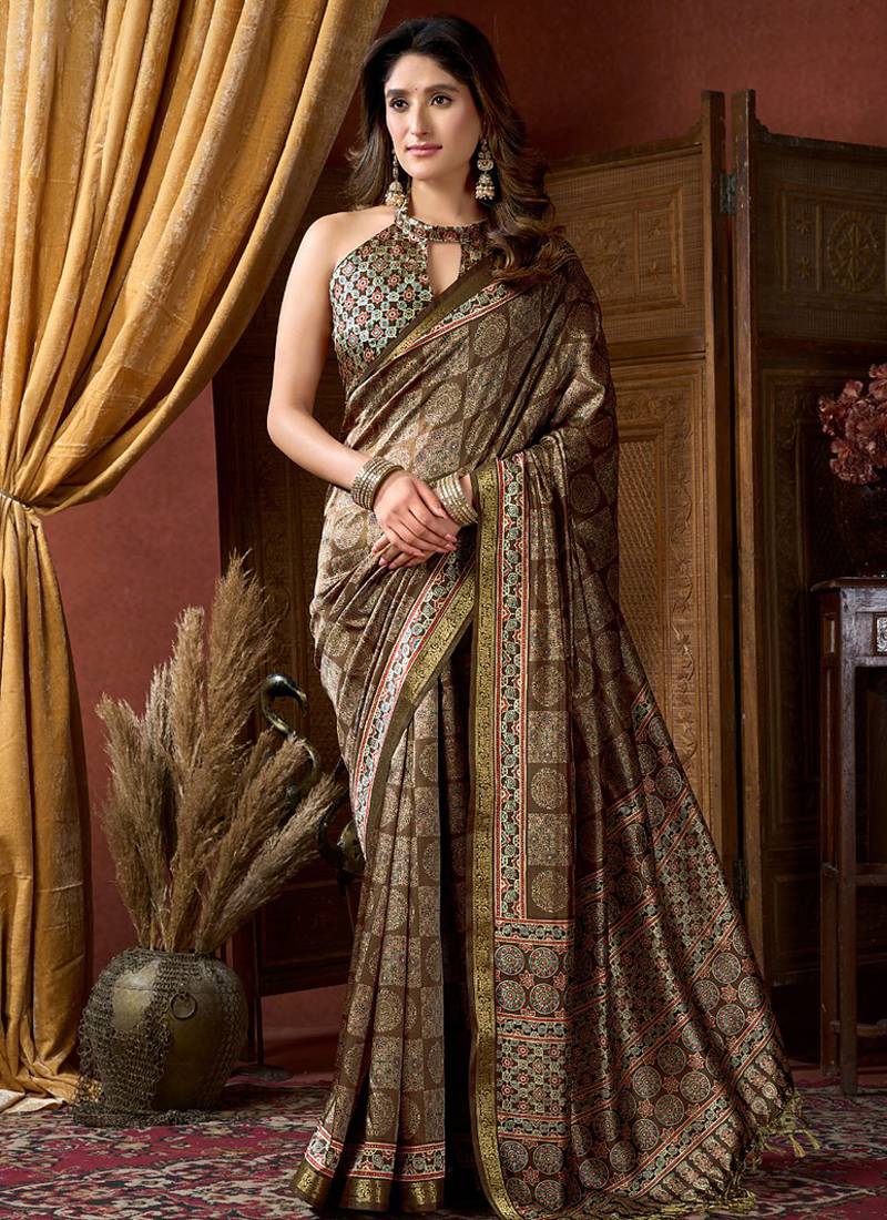 Brown faux crepe silk printed saree with blouse piece