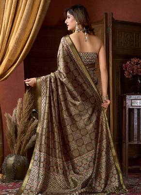 Brown faux crepe silk printed saree with blouse piece 3