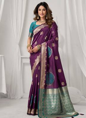 Purple soft banarasi silk blend zari woven saree with blouse piece 1