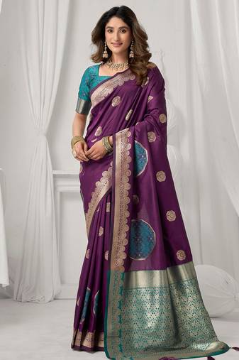 Purple soft banarasi silk blend zari woven saree with blouse piece