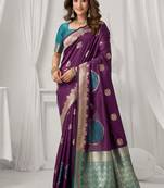 Purple soft banarasi silk blend zari woven saree with blouse piece