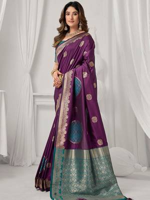 Purple soft banarasi silk blend zari woven saree with blouse piece 2