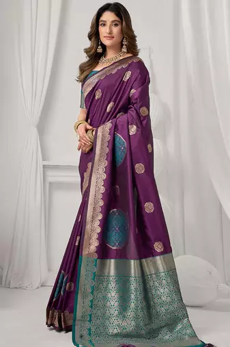 Purple soft banarasi silk blend zari woven saree with blouse piece