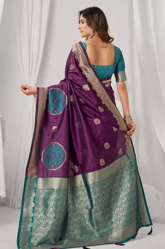 Purple soft banarasi silk blend zari woven saree with blouse piece