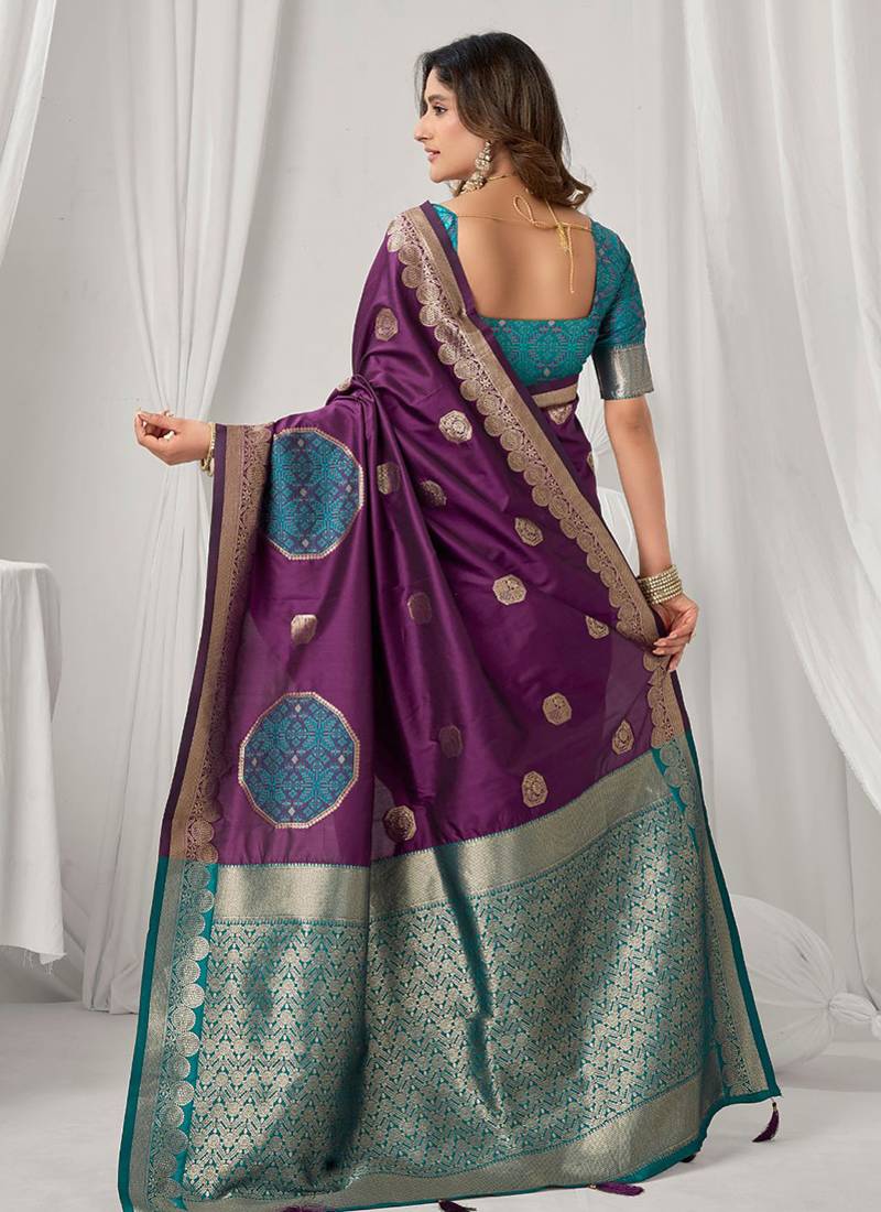 Purple soft banarasi silk blend zari woven saree with blouse piece
