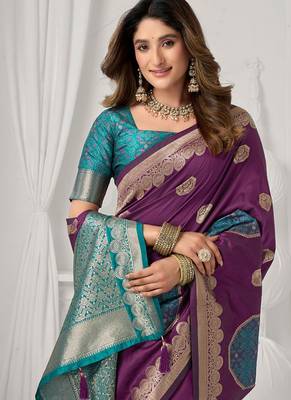 Purple soft banarasi silk blend zari woven saree with blouse piece 4