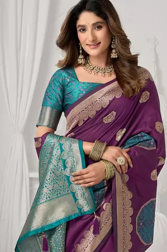 Purple soft banarasi silk blend zari woven saree with blouse piece