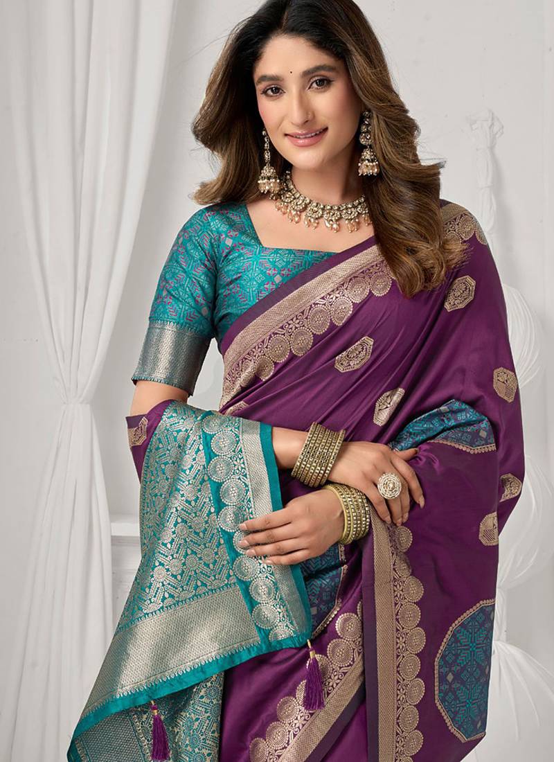 Purple soft banarasi silk blend zari woven saree with blouse piece