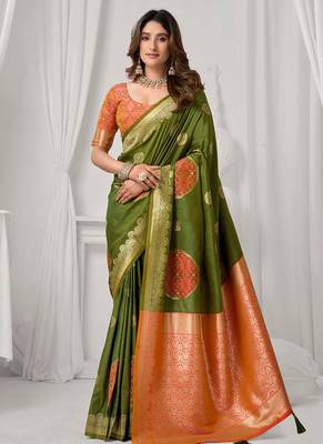 Mehendi green soft banarasi silk blend zari woven saree with blouse piece 1